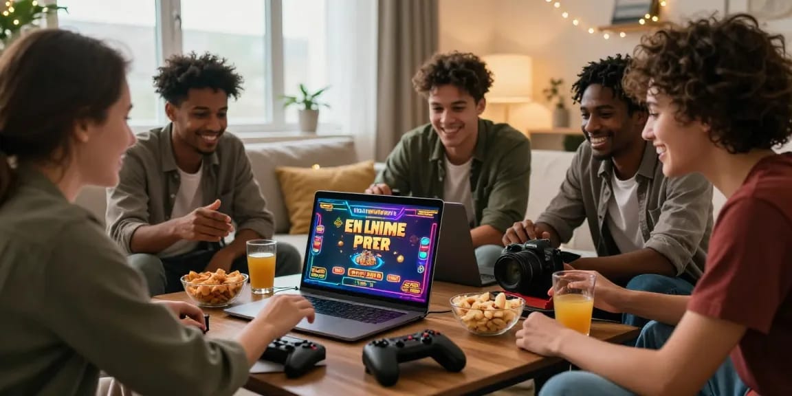 Des amis profitant d'une séance de jeu animée au casino en ligne à la maison, entourés de collations et de boissons.