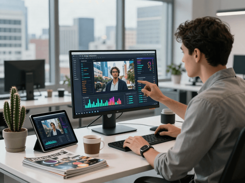 AI Image Detector software interface shown on a monitor in a modern workspace