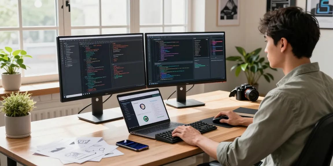 Dynamic tech workspace of telegraimin.com developer with coding displays and modern decor