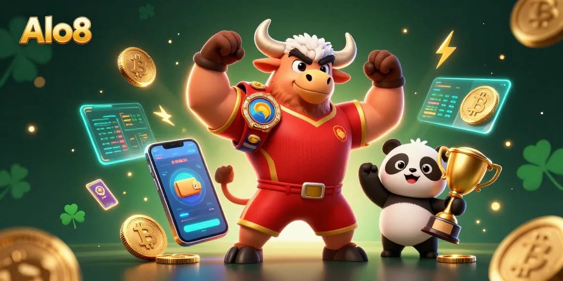 Alo8 engages players with a victorious mascot, trophies, and vibrant crypto elements in a dynamic casino scene.