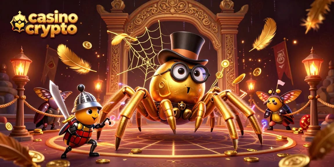 Jouez à des jeux captivants de casino crypto avec une araignée dorée et un chevalier, entourés de pièces d'or.