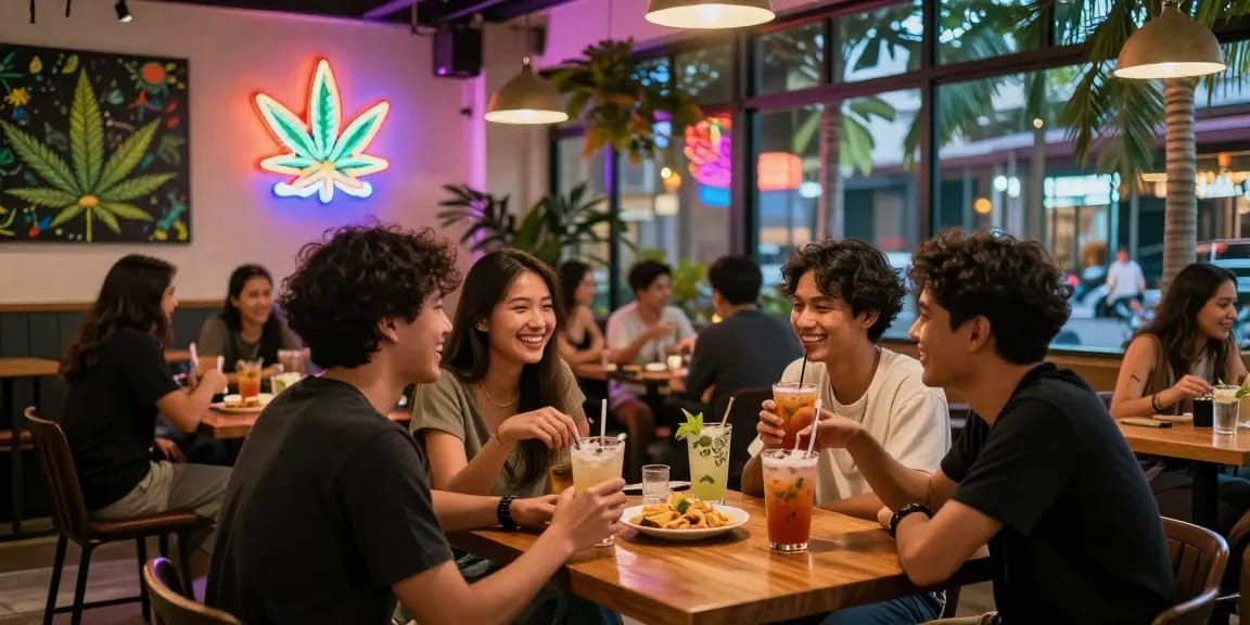 Engaging nightlife in Johor Bahru showcasing Where Can I Get Weed In Johor Bahru, Malaysia? Best Guide with friends enjoying CBD beverages.