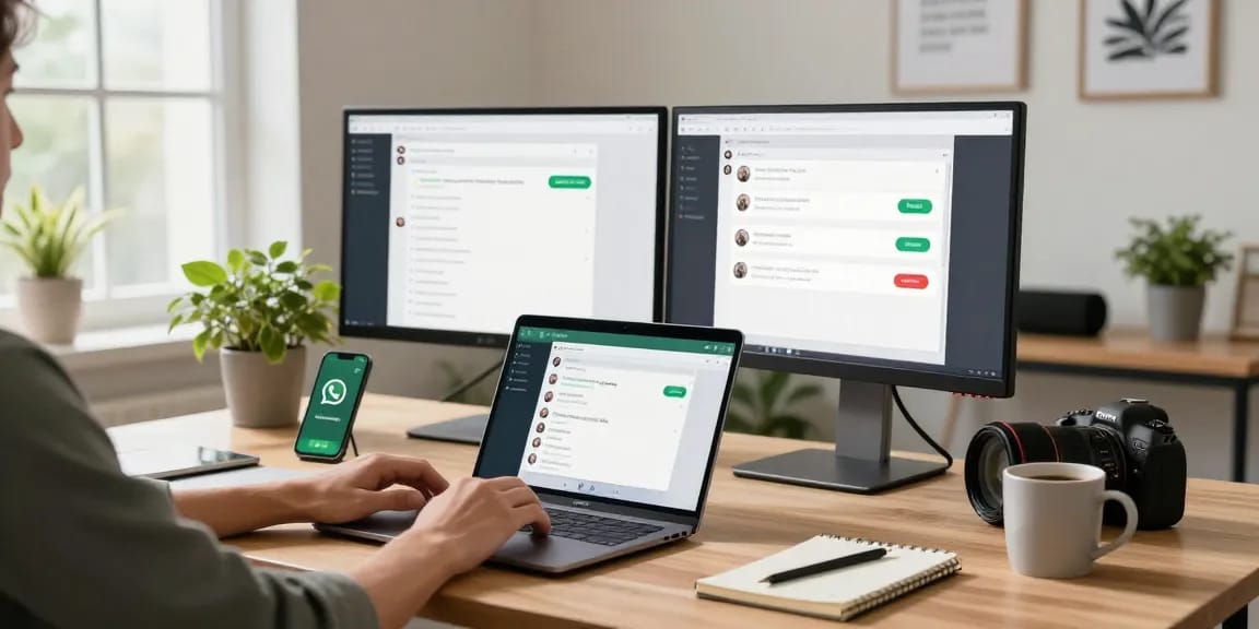 Using WhatsApp網頁版 on a stylish laptop at a modern home office desk.