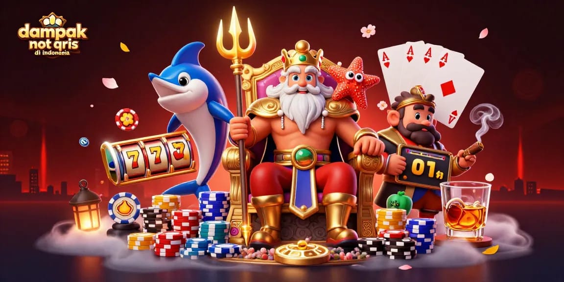 Dive into the impact of dampak negatif slot qris di indonesia with vibrant casino visuals showcasing players at slot machines.