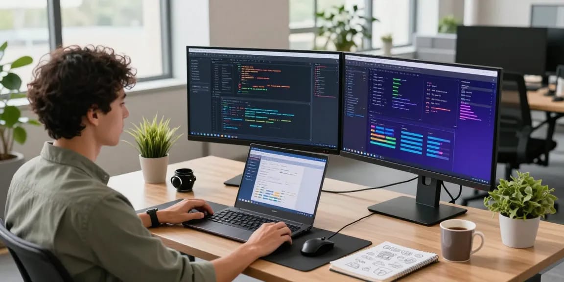 Developer working on kecak4d software project in modern office space with vibrant coding interfaces and ambient plants.