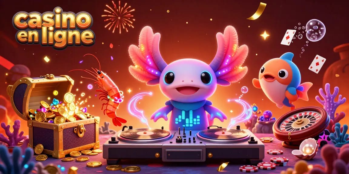 Le casino en ligne offre une ambiance festive avec un DJ axolotl vibrant entouré de camarades dans un décor sous-marin.