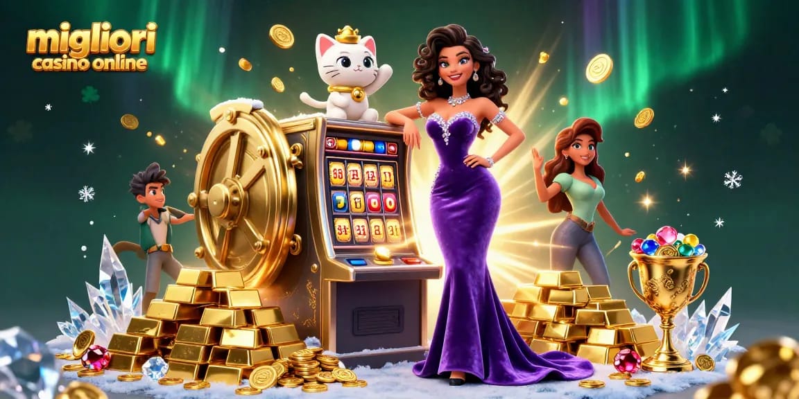 Scopri l'emozione dei migliori casino online con una slot machine jackpot e immagini glamour.