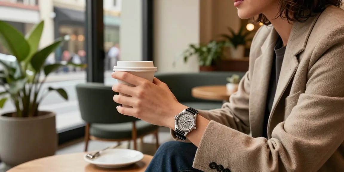 Stylish individual displaying a sophisticated replica watch while enjoying coffee at a trendy café