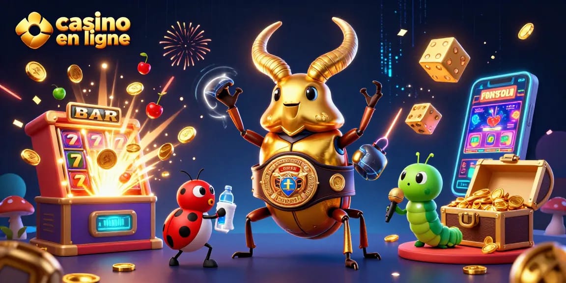 Jouez à des jeux passionnants de casino en ligne avec une illustration dynamique, des éléments de machines à sous et un fond captivant.