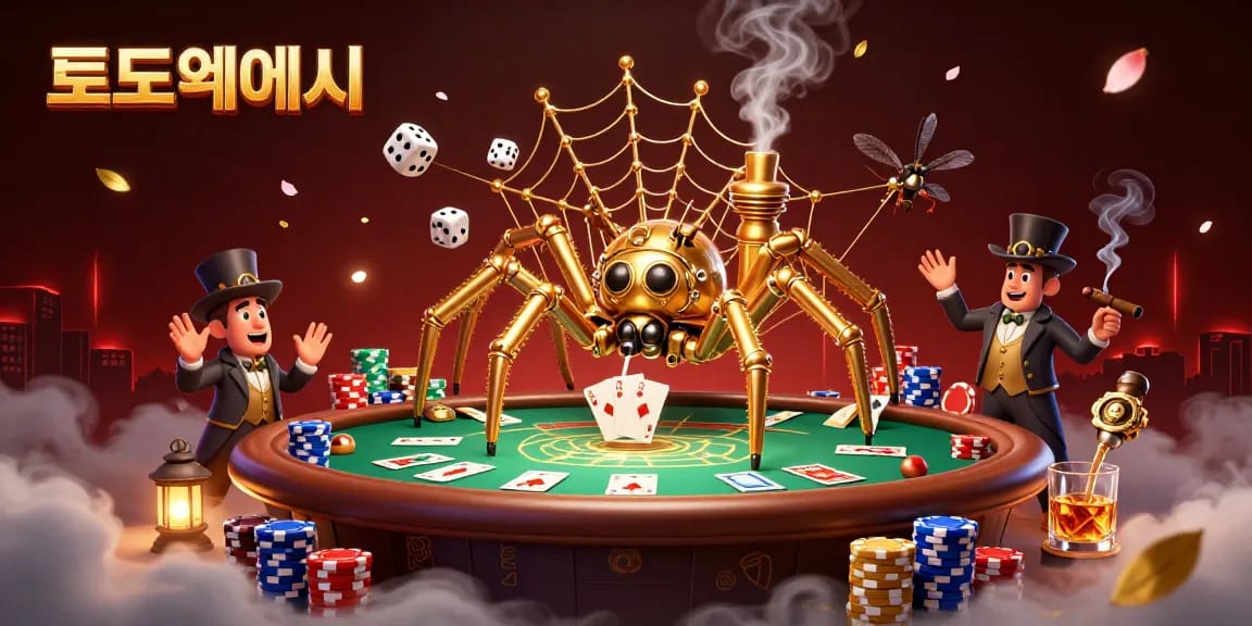 Catching unlucky dice in a web, the golden spider illustrates 토토사이트 features with poker chips and vibrant details.