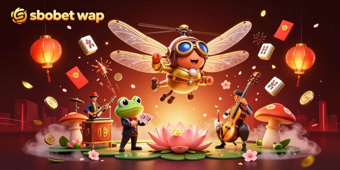 Experience the vibrant world of sbobet wap with a dynamic 3D illustration of a dragonfly pilot, frog croupier, and jazz cricket band.