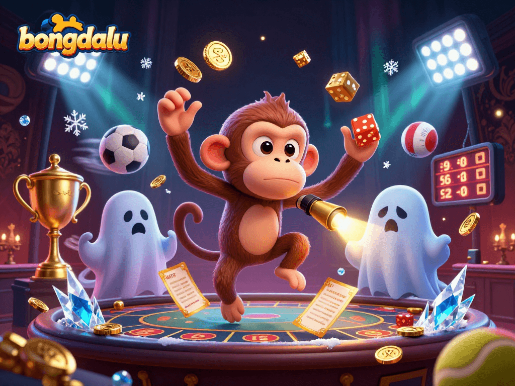 Bongdalu presents an extravagant casino scene with a mischievous monkey juggling golden objects, captivating both players and spectators alike.