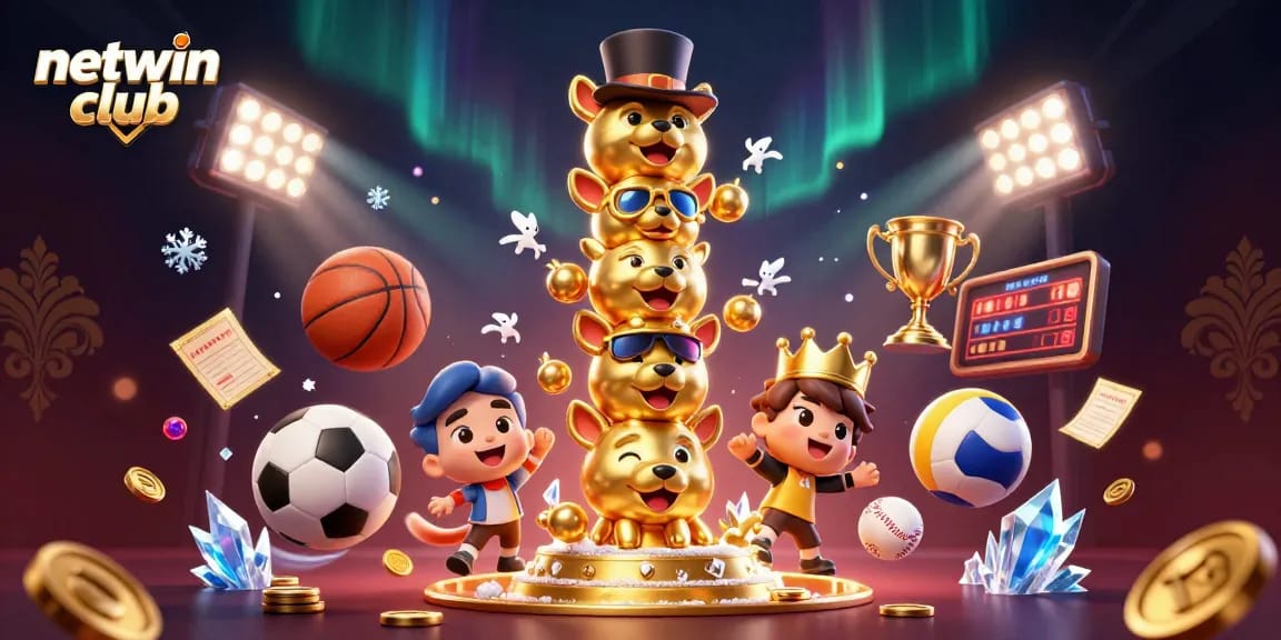 Engage with netwin club through this vibrant 3D illustration showcasing animated gaming excitement.