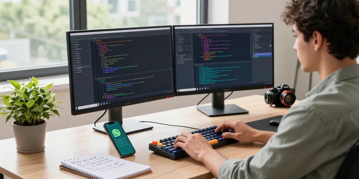 OpenClaw personal AI assistant setup in a tech workspace with vibrant code on screens and a developer at work.
