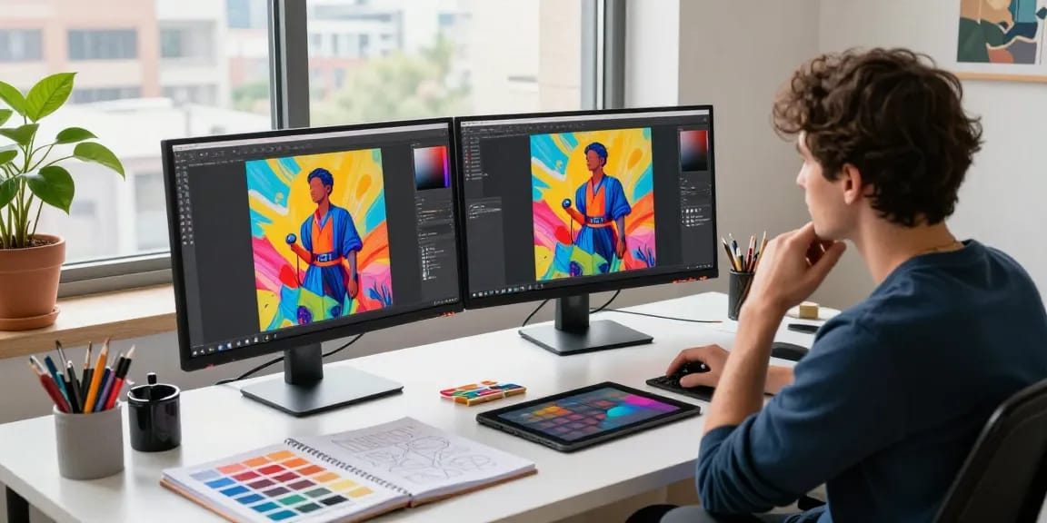 Designer engaging with Nano Banana 2 AI image editor, creating vibrant artwork in an inspiring workspace.