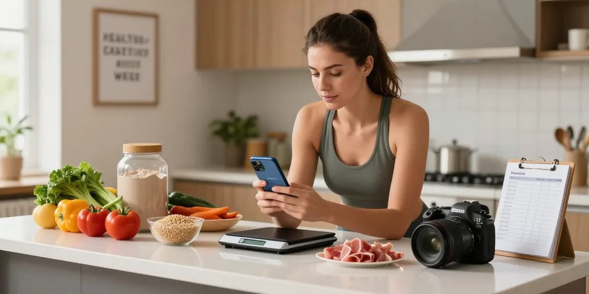 Best macro tracker in a bright kitchen with fresh ingredients and fitness tools, showcasing healthy meal preparation.