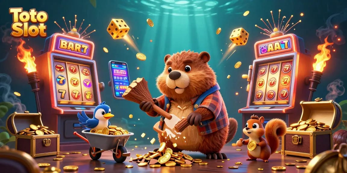Menggandakan kesenangan di Toto Slot, dengan beaver pemotong pohon, burung kolektor, dan tupai menumpuk kekayaan emas.