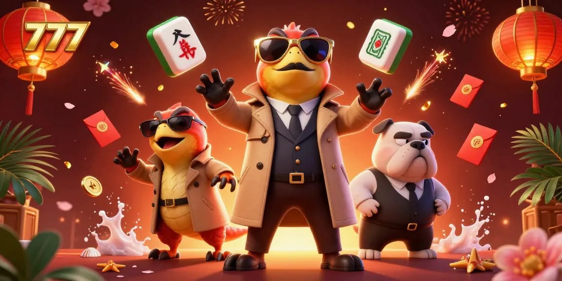 Engage in thrilling 777 gaming with cartoon raptors in a casino setting amidst floating Mahjong tiles.