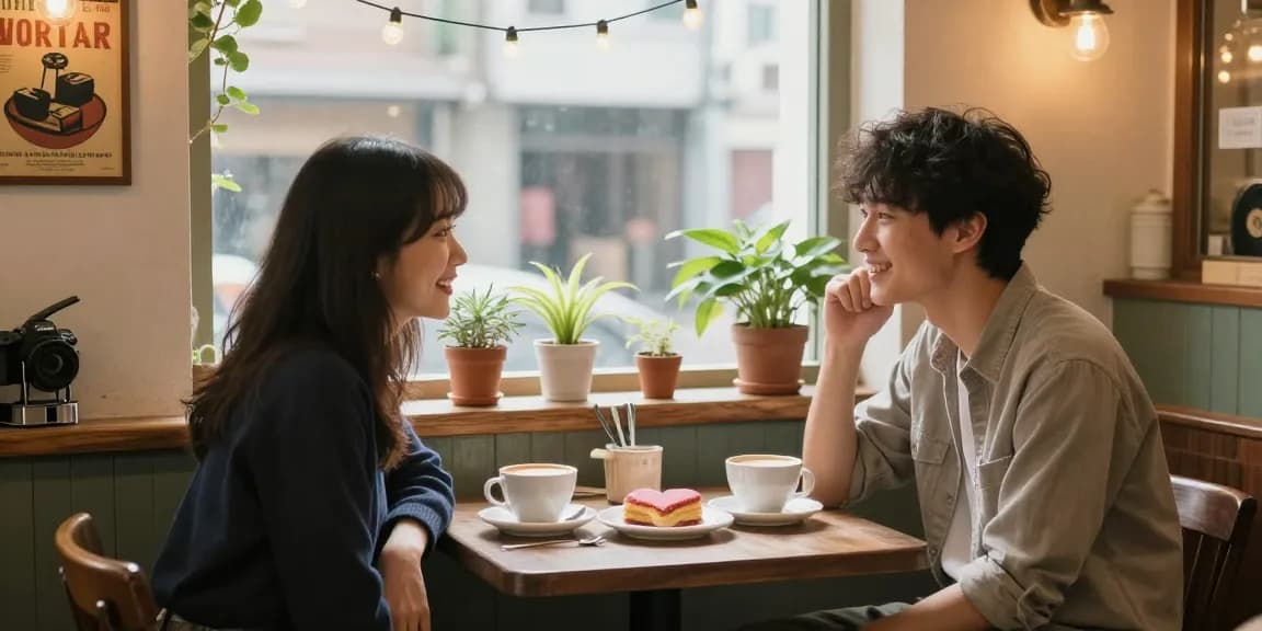 Crush on moment at café table with heart-shaped pastries and coffee.