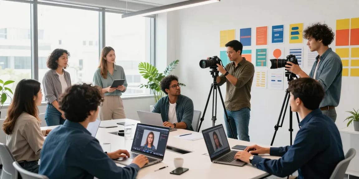 Servizio Fotografico Aziendale in una moderna sala riunioni, team di professionisti coinvolti in una sessione fotografica.