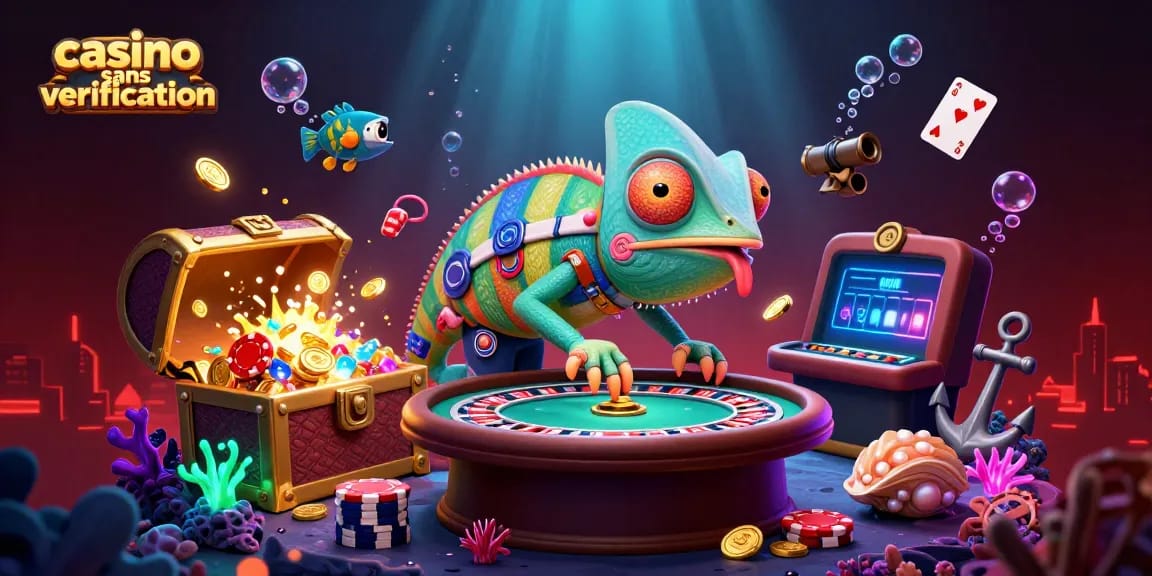 Casino sans vérification : Une illustration dynamique d'un caméléon propriétaire de casino et de trésors sous-marins.