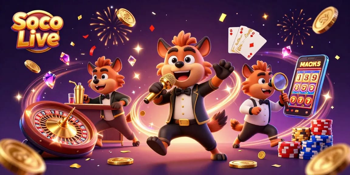 Soco Live initiatives a vibrant gaming atmosphere with hyenas in a comedy casino scene.