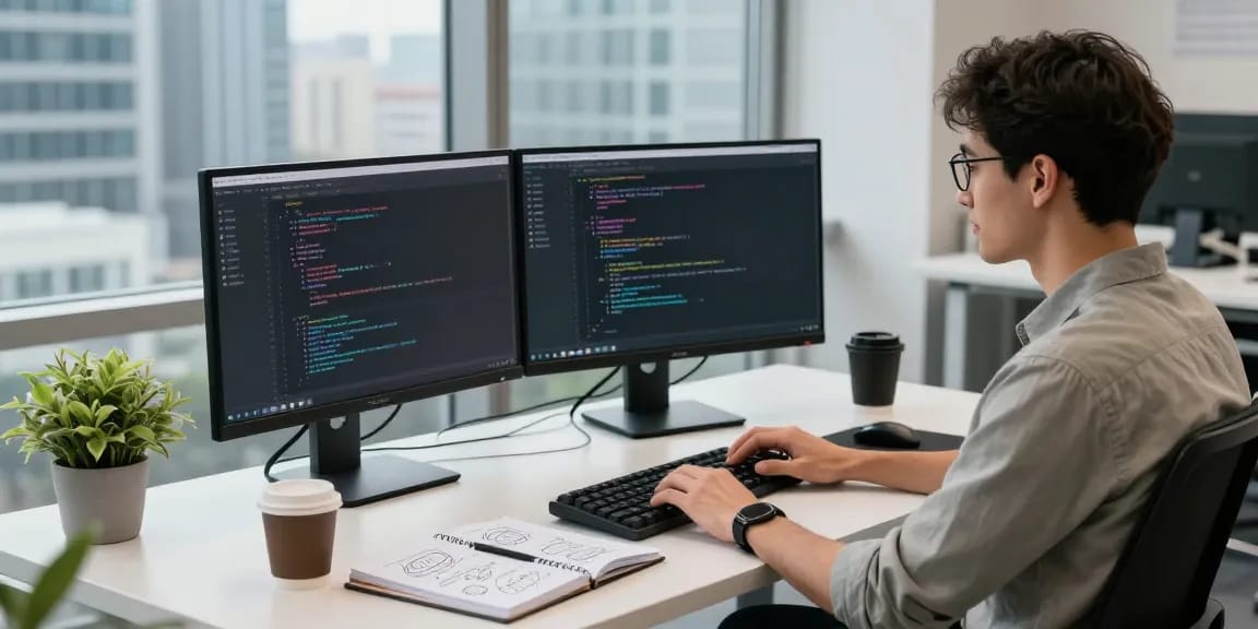 Developer coding the 纸飞机中文版 app in a modern workspace with dual monitors and city view.