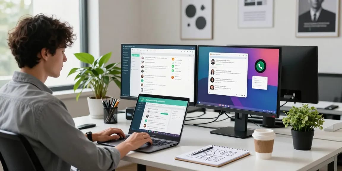 Seamless integration of WhatsApp網頁版 on a modern workspace with dual monitors.