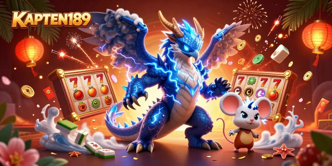 KAPTEN189 mempresentasikan ilustrasi menarik dengan naga 3D dan simbol slot jackpot yang berkilauan.
