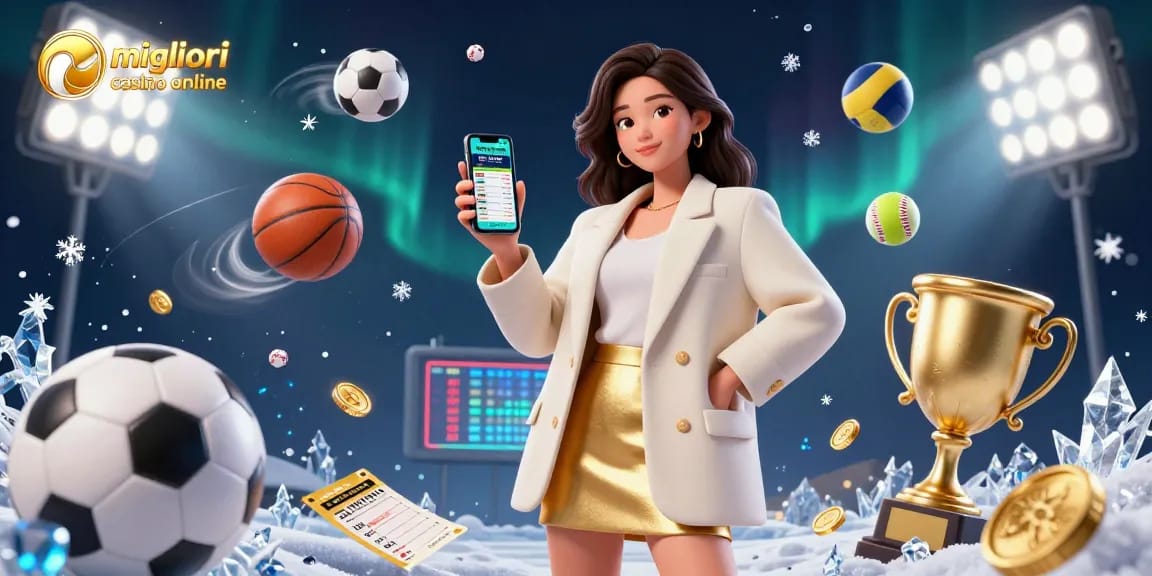 Vivi il miglior gioco con i migliori casino online mentre una donna asiatica amichevole mostra un'app per scommesse sportive in mezzo a elementi d'azione vivaci.