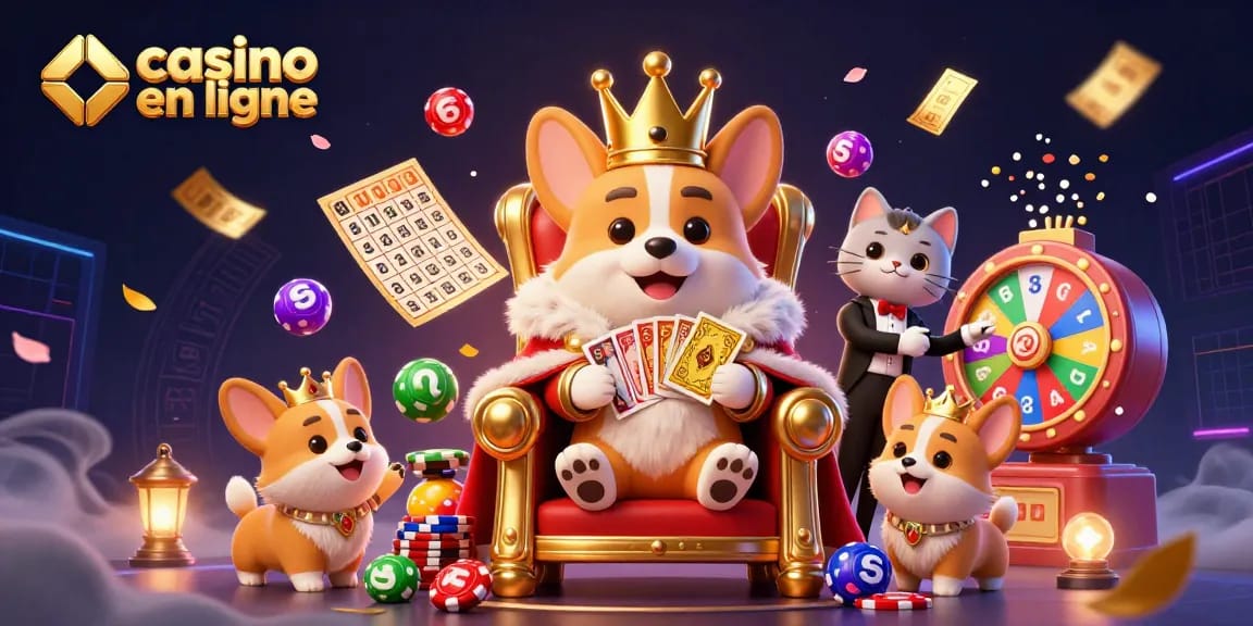 Découvrez le jeu de luxe au casino en ligne avec notre illustration de corgi royal mettant en avant des éléments de casino vibrants.
