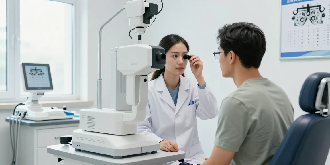 Patient discussing SMILE laser vision correction with an ophthalmologist in a modern eye clinic.