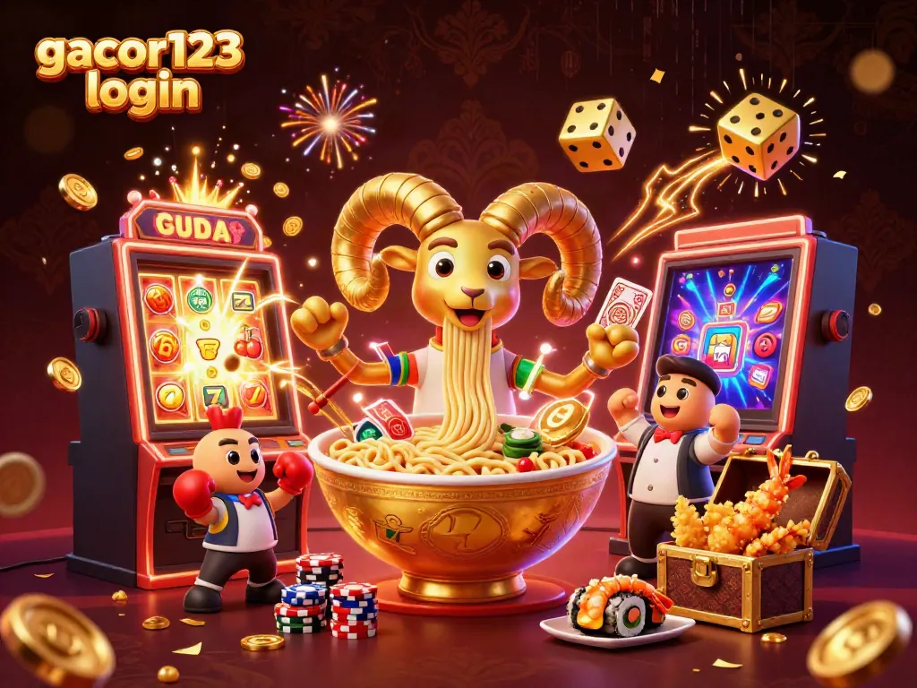 Interact with thrilling gacor123 login scene featuring vibrant 3D casino characters amidst dynamic gaming elements.