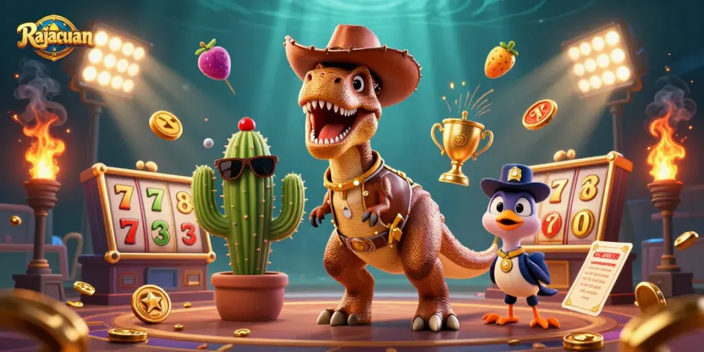 Rajacuan engages players with a lively illustration featuring a T-Rex and casino symbols.
