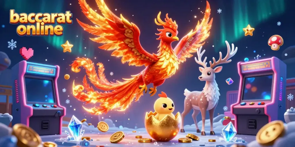 Experience baccarat online with a captivating phoenix illustration showcasing vibrant gaming elements.
