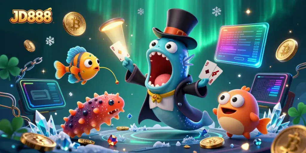 Experience the thrilling magic of JD888 with a vibrant underwater casino scene showcasing unique characters.