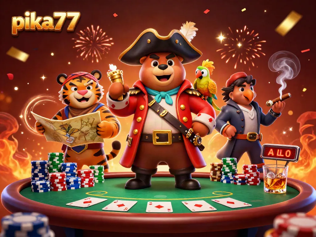 Experience thrilling wins at pika77 with a vibrant casino scene featuring lively characters and poker elements.