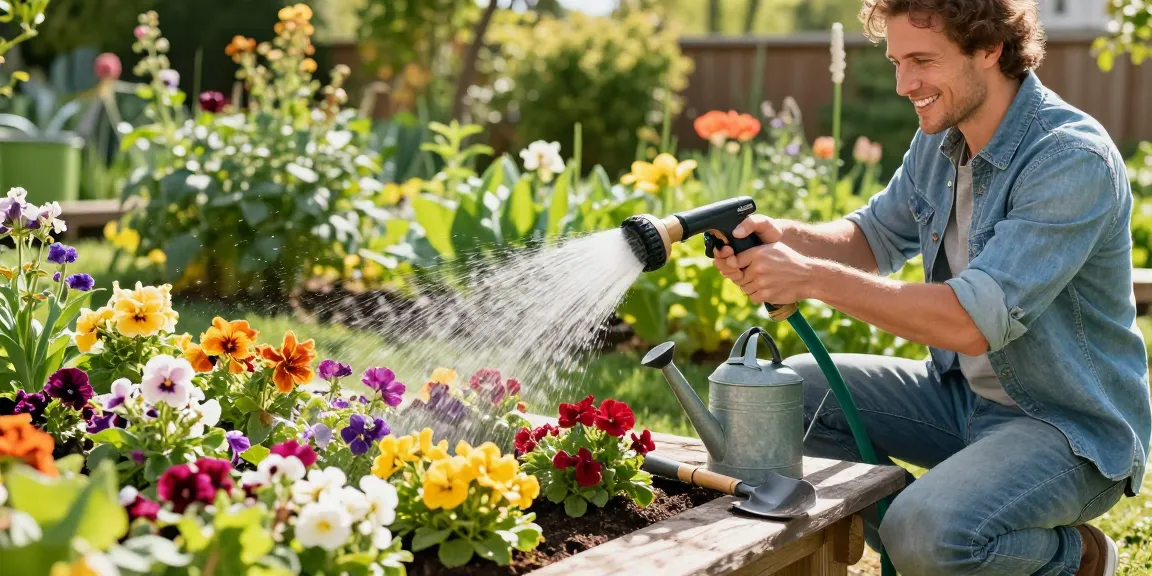 Using the best hose nozzle in a vibrant garden to water flourishing plants and flowers.
