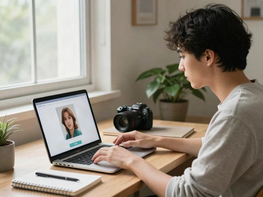 Self-assessment scene featuring a test of attractiveness in a cozy and bright home office.