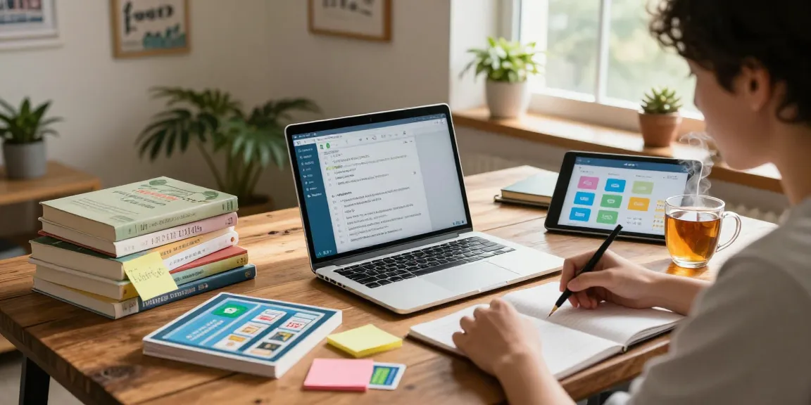 Student utilizing telegram chinese tips at a cozy home office with language study materials.