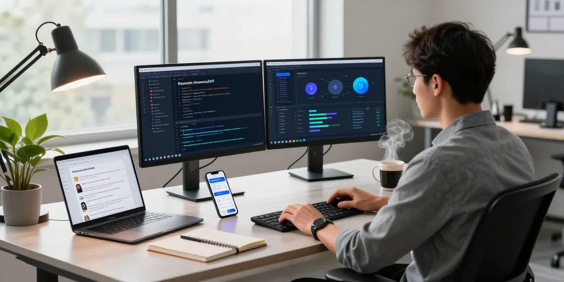 快连 network acceleration software in a modern workspace with dual monitors and a collaborative setting.