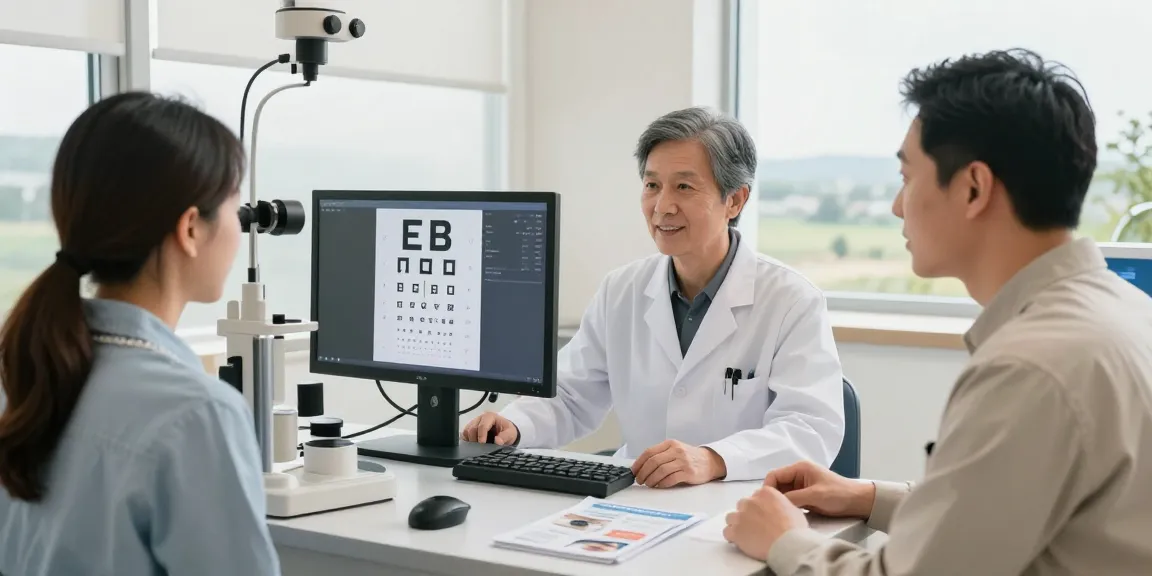 SNU Eye Clinic: Compassionate ophthalmologist discussing advanced eye care with a patient in a bright examination room.
