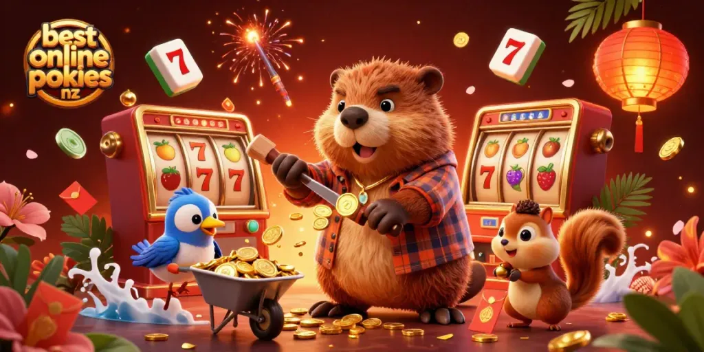 Experience thrilling action with the best online pokies nz, featuring vibrant characters and slot machine elements.