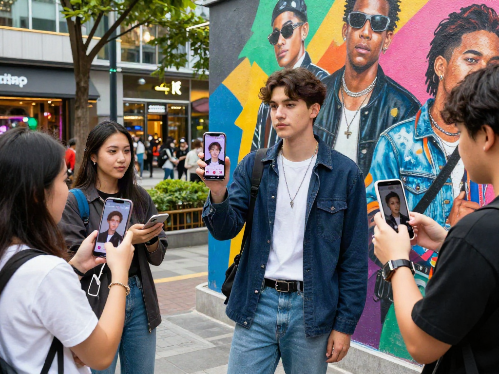 Discovering celebrity look alike matches with friends in a vibrant urban setting.