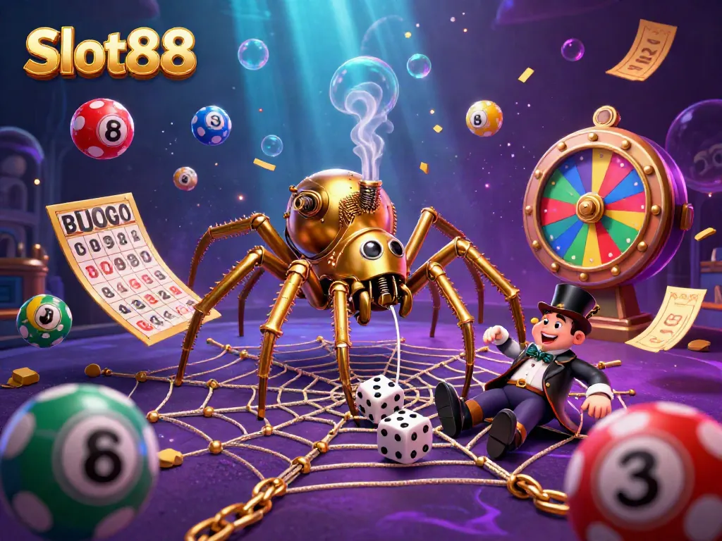 Slot88 menarik perhatian dengan ilustrasi 3D bertema kasino yang penuh warna dan karakter unik.