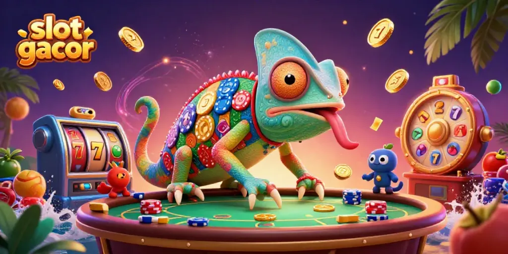 Slot gacor illustration showcasing a vibrant casino scene with a chameleon owner and lively game elements.