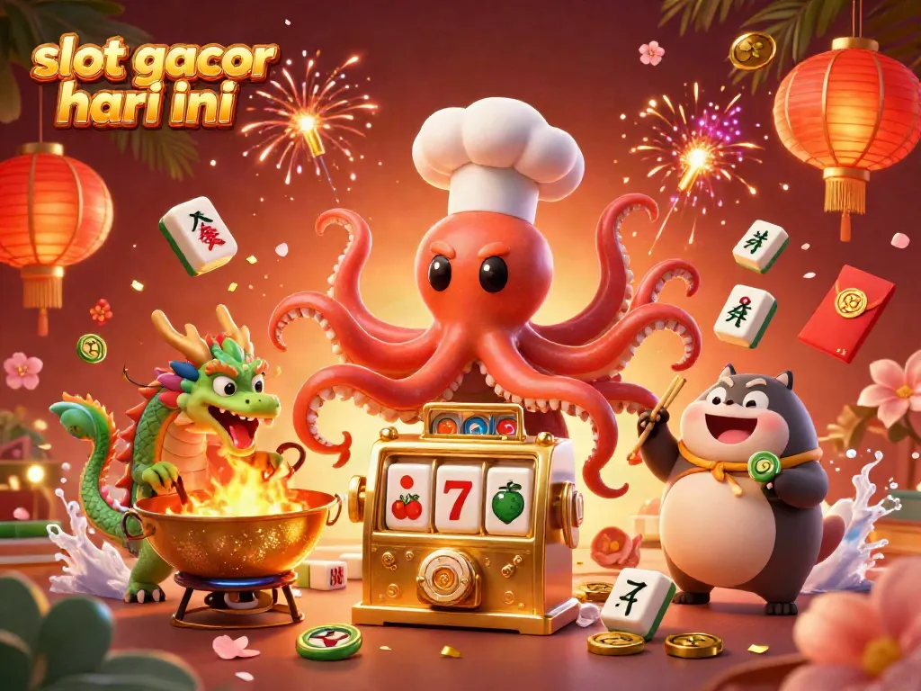 Experience the excitement of slot gacor hari ini with a vibrant scene featuring an octopus chef, dragon, and happy tanuki amid a flurry of gaming symbols and fireworks.