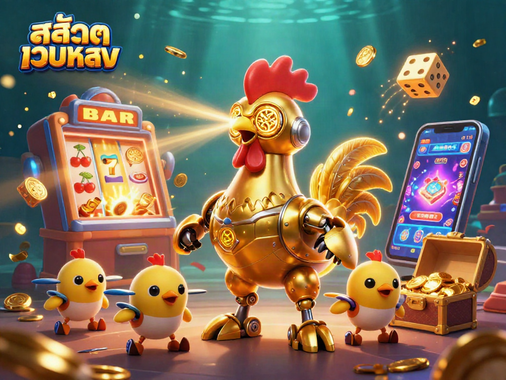 Experience the thrill of สล็อตเว็บตรง with a golden rooster robot amidst dynamic casino elements.