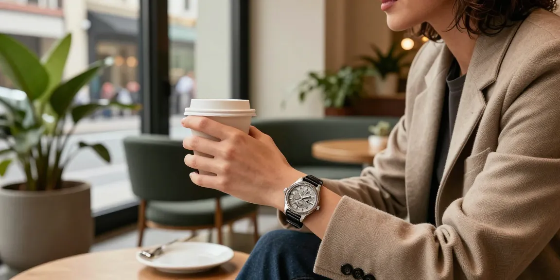 Stylish individual displaying a sophisticated replica watch while enjoying coffee at a trendy café