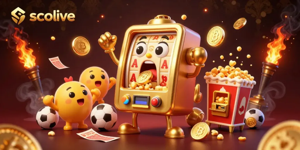 Socolive sport betting scene with a golden slot machine celebrating its jackpot among vibrant sports elements.